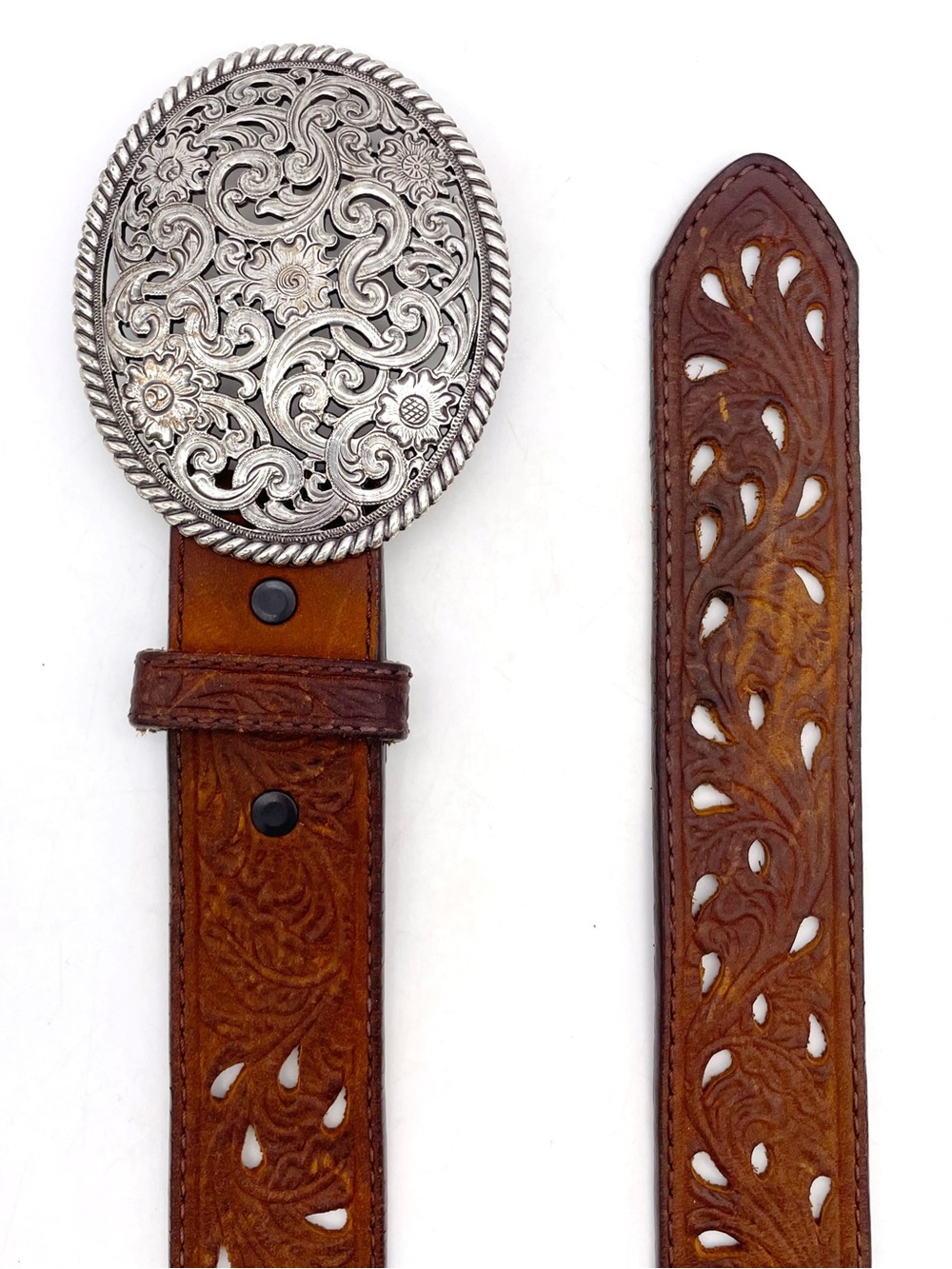 Tony Lama Leather Belt Size 32 Brown Tooled Cutout Western Floral Silver Buckle - Picture 7 of 12